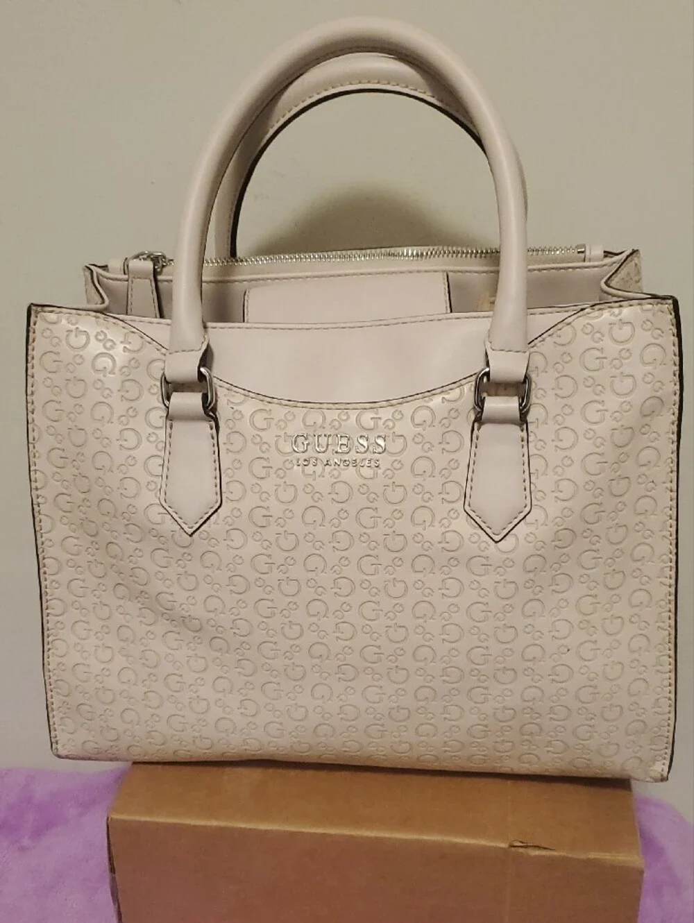 GUESS Ivory Logo Satchel with Dual Top Handles
